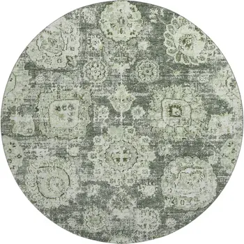 8' Artichoke Green Ivory And Gray Floral Washable Round Rug With UV Protection