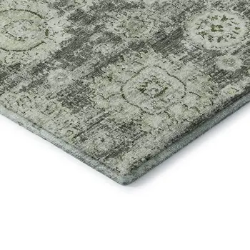 8' Artichoke Green Ivory And Gray Floral Washable Round Rug With UV Protection