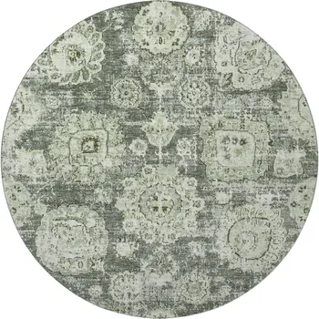 8' Artichoke Green Ivory And Gray Floral Washable Round Rug With UV Protection