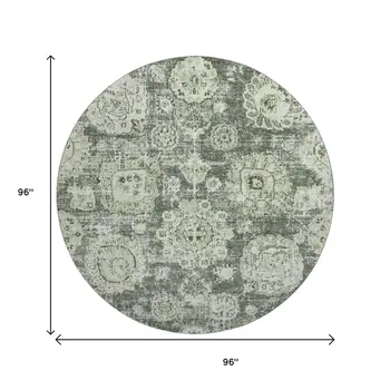 8' Artichoke Green Ivory And Gray Floral Washable Round Rug With UV Protection