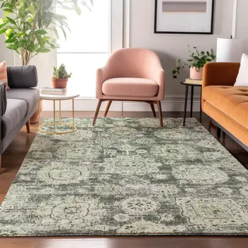 10' X 14' Artichoke Green Ivory And Gray Floral Washable Area Rug With UV Protection