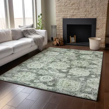 10' X 14' Artichoke Green Ivory And Gray Floral Washable Area Rug With UV Protection