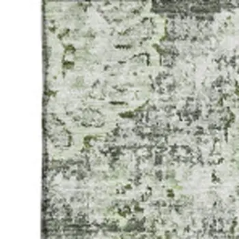 10' X 14' Artichoke Green Ivory And Gray Floral Washable Area Rug With UV Protection