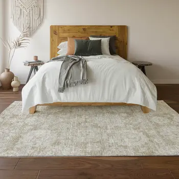 5' X 8' Beige And Ivory Floral Washable Area Rug With UV Protection