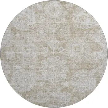 8' Beige And Ivory Floral Washable Round Rug With UV Protection