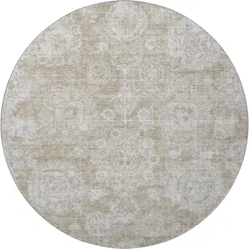 8' Beige And Ivory Floral Washable Round Rug With UV Protection