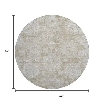8' Beige And Ivory Floral Washable Round Rug With UV Protection