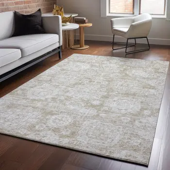 10' X 14' Beige And Ivory Floral Washable Area Rug With UV Protection