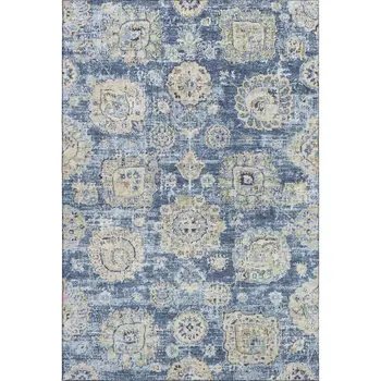 3' X 5' Blue Ivory And Gold Floral Washable Area Rug With UV Protection
