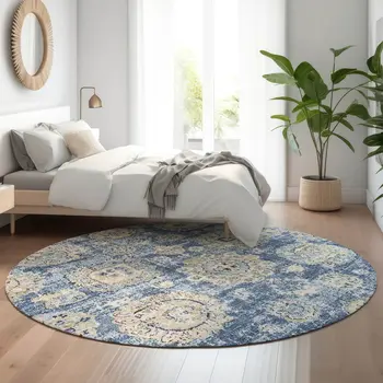 8' Blue Ivory And Gold Floral Washable Round Rug With UV Protection
