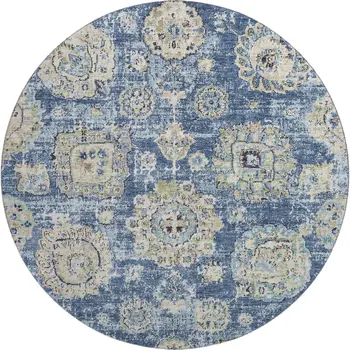 8' Blue Ivory And Gold Floral Washable Round Rug With UV Protection