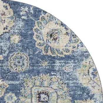 8' Blue Ivory And Gold Floral Washable Round Rug With UV Protection