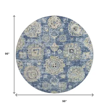 8' Blue Ivory And Gold Floral Washable Round Rug With UV Protection