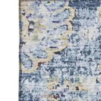 8' X 10' Blue Ivory And Gold Floral Washable Area Rug With UV Protection