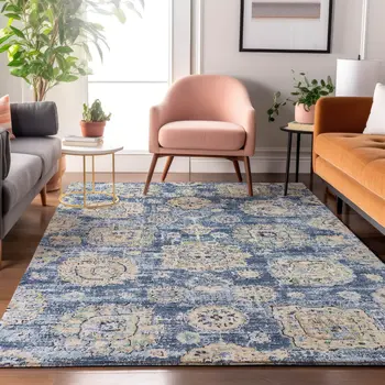 10' X 14' Blue Ivory And Gold Floral Washable Area Rug With UV Protection