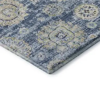 10' X 14' Blue Ivory And Gold Floral Washable Area Rug With UV Protection