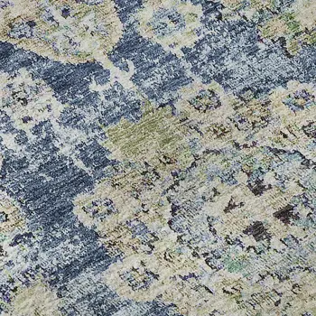10' X 14' Blue Ivory And Gold Floral Washable Area Rug With UV Protection