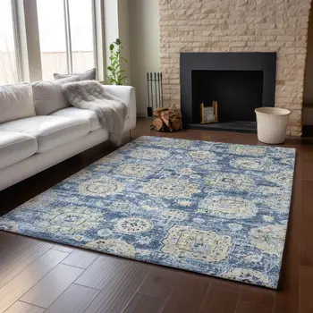 10' X 14' Blue Ivory And Gold Floral Washable Area Rug With UV Protection