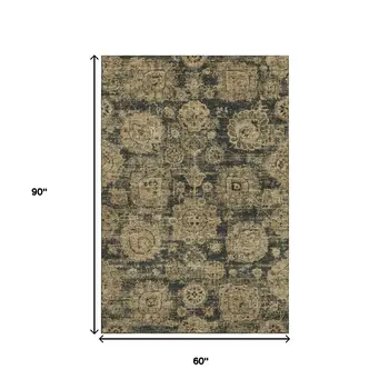 5' X 8' Charcoal And Brown Floral Washable Area Rug With UV Protection