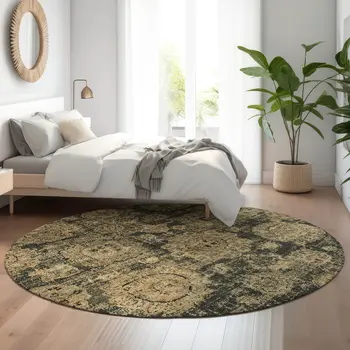 8' Charcoal And Brown Floral Washable Round Rug With UV Protection