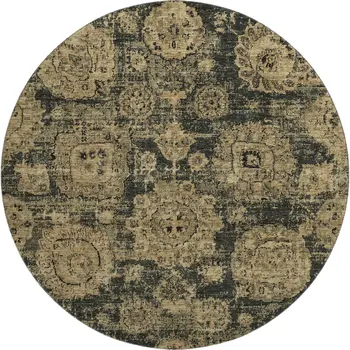 8' Charcoal And Brown Floral Washable Round Rug With UV Protection