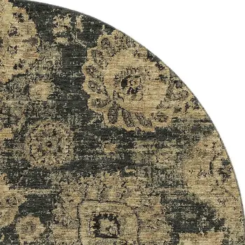 8' Charcoal And Brown Floral Washable Round Rug With UV Protection