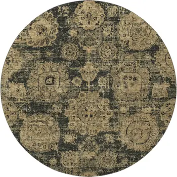 8' Charcoal And Brown Floral Washable Round Rug With UV Protection