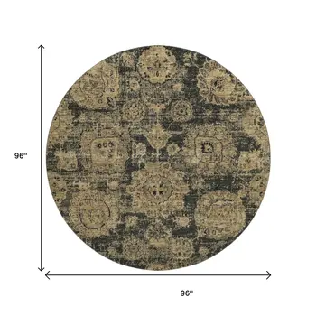 8' Charcoal And Brown Floral Washable Round Rug With UV Protection