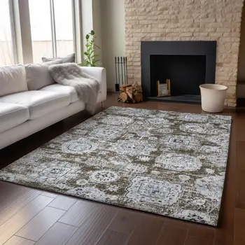 5' X 8' Chocolate And Ivory Floral Washable Area Rug With UV Protection