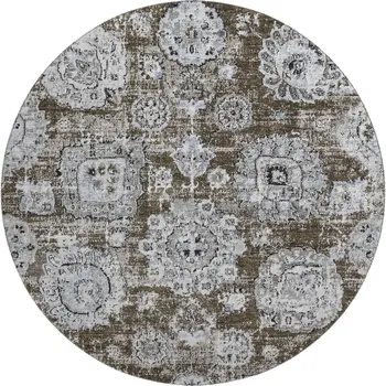 8' Chocolate And Ivory Floral Washable Round Rug With UV Protection