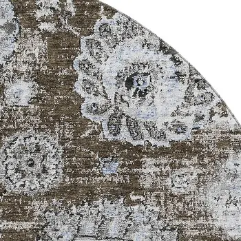 8' Chocolate And Ivory Floral Washable Round Rug With UV Protection
