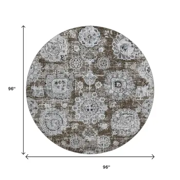 8' Chocolate And Ivory Floral Washable Round Rug With UV Protection
