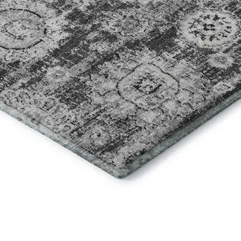 8' Gray And Ivory Floral Washable Round Rug With UV Protection