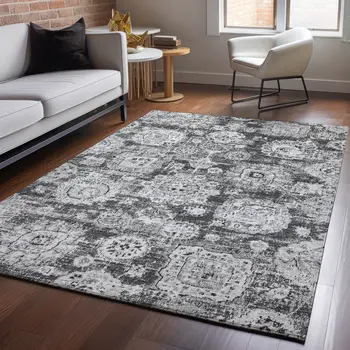 9' X 12' Gray And Ivory Floral Washable Area Rug With UV Protection