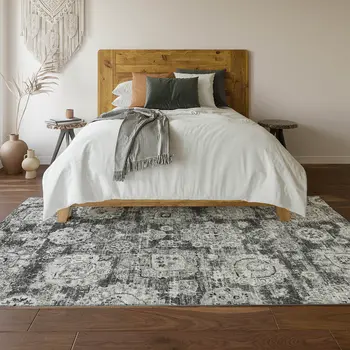 10' X 14' Gray And Ivory Floral Washable Area Rug With UV Protection