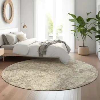 8' Coffee And Beige Floral Washable Round Rug With UV Protection