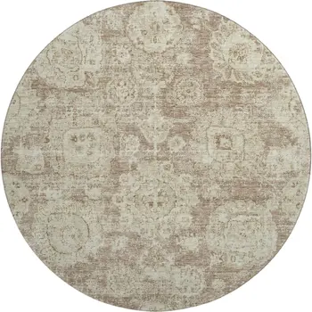 8' Coffee And Beige Floral Washable Round Rug With UV Protection