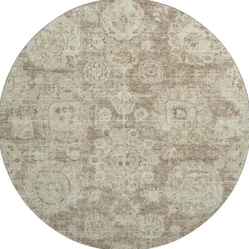 8' Coffee And Beige Floral Washable Round Rug With UV Protection