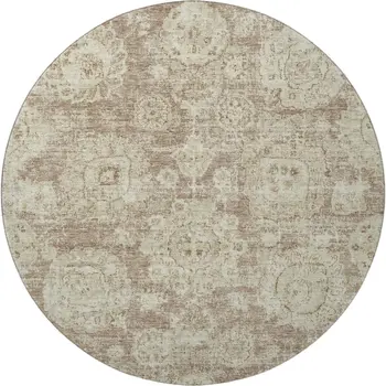 8' Coffee And Beige Floral Washable Round Rug With UV Protection