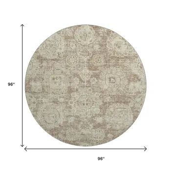 8' Coffee And Beige Floral Washable Round Rug With UV Protection