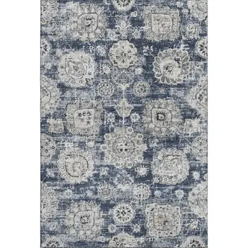 3' X 5' Navy Blue And Ivory Floral Washable Area Rug With UV Protection