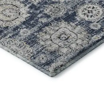 3' X 5' Navy Blue And Ivory Floral Washable Area Rug With UV Protection