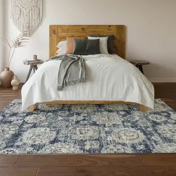 3' X 5' Navy Blue And Ivory Floral Washable Area Rug With UV Protection