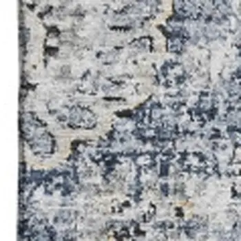 3' X 5' Navy Blue And Ivory Floral Washable Area Rug With UV Protection