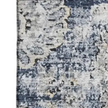 3' X 5' Navy Blue And Ivory Floral Washable Area Rug With UV Protection