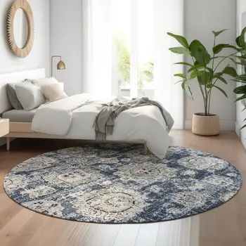 8' Navy Blue And Ivory Floral Washable Round Rug With UV Protection