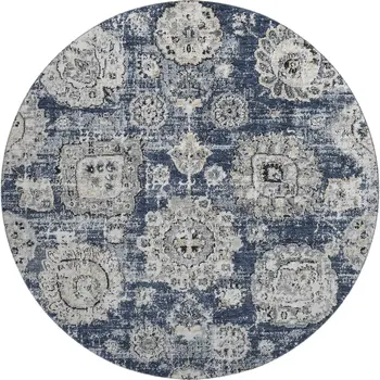 8' Navy Blue And Ivory Floral Washable Round Rug With UV Protection