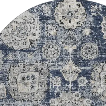 8' Navy Blue And Ivory Floral Washable Round Rug With UV Protection