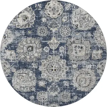 8' Navy Blue And Ivory Floral Washable Round Rug With UV Protection