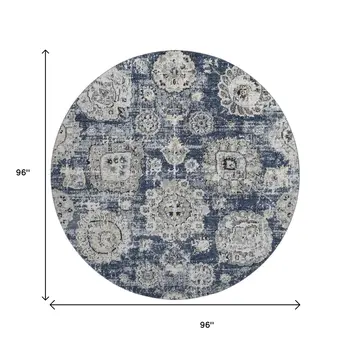8' Navy Blue And Ivory Floral Washable Round Rug With UV Protection